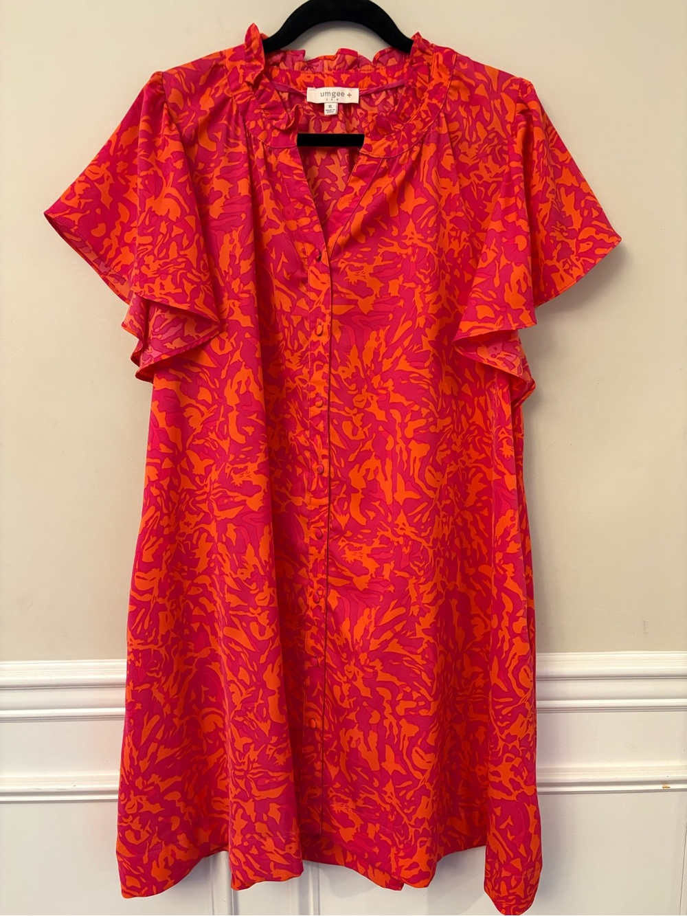 Umgee Hot Pink & Orange Floral Flutter Sleeve Dress